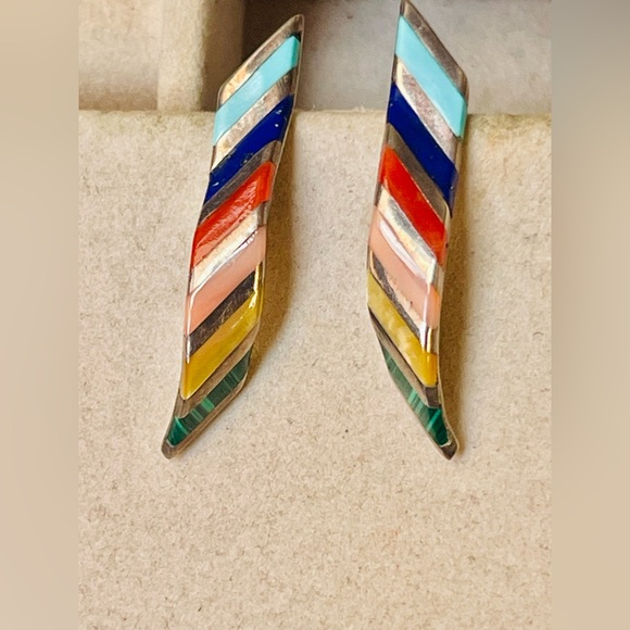 Zuni VTG Native American Sterling Turquoise Coral Onyx Opal Lapis Earrings - Picture 6 of 7